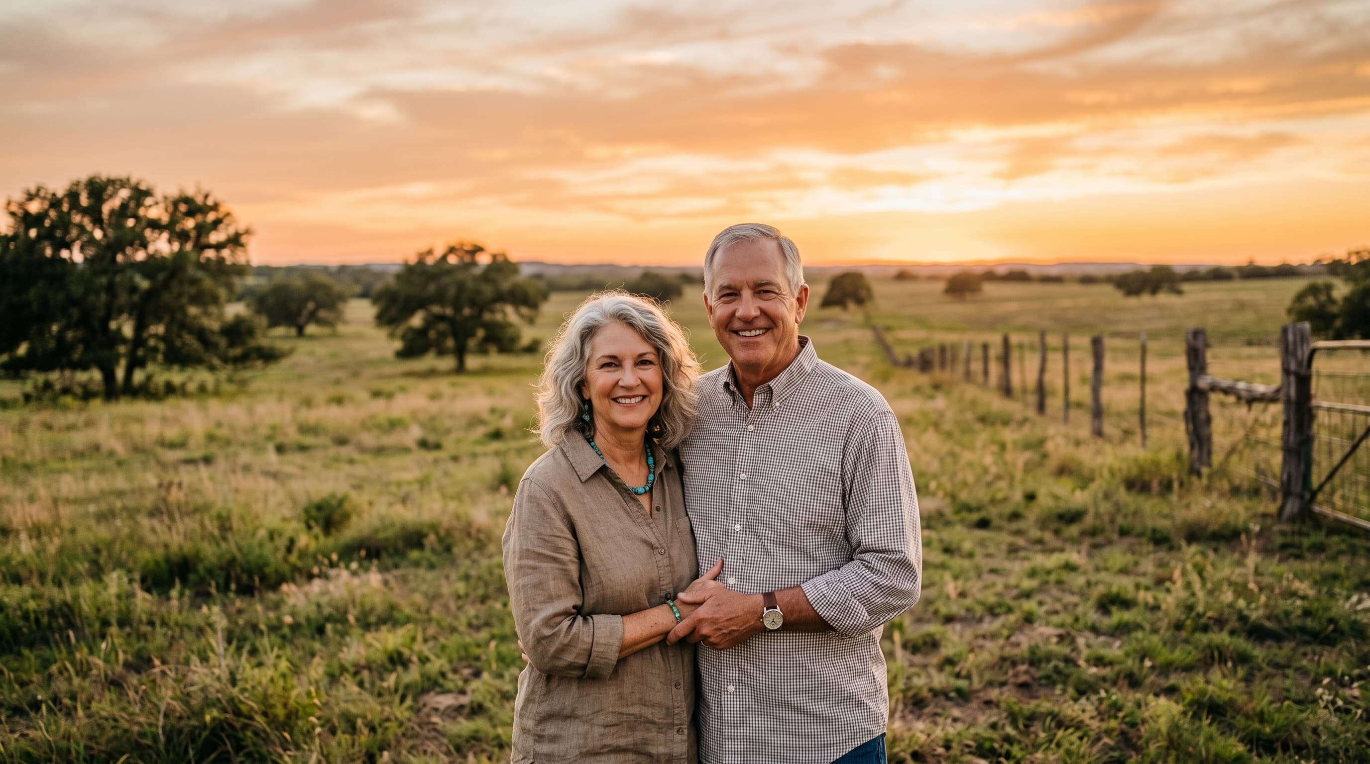 Stunning Texas ranch at sunset with a happy couple looking at their land